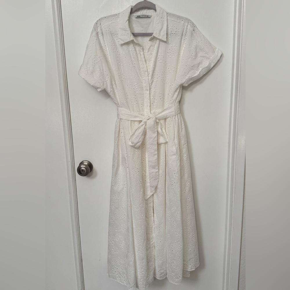 ZARA ZW Collection White Embroidered Eyelet Shirt Dress